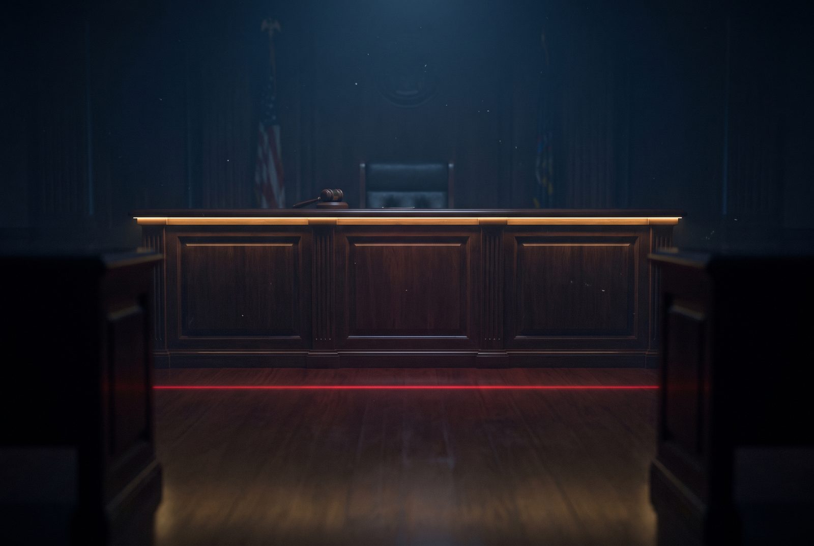 An empty judicial bench with a gavel at rest beyond a thin red line of light