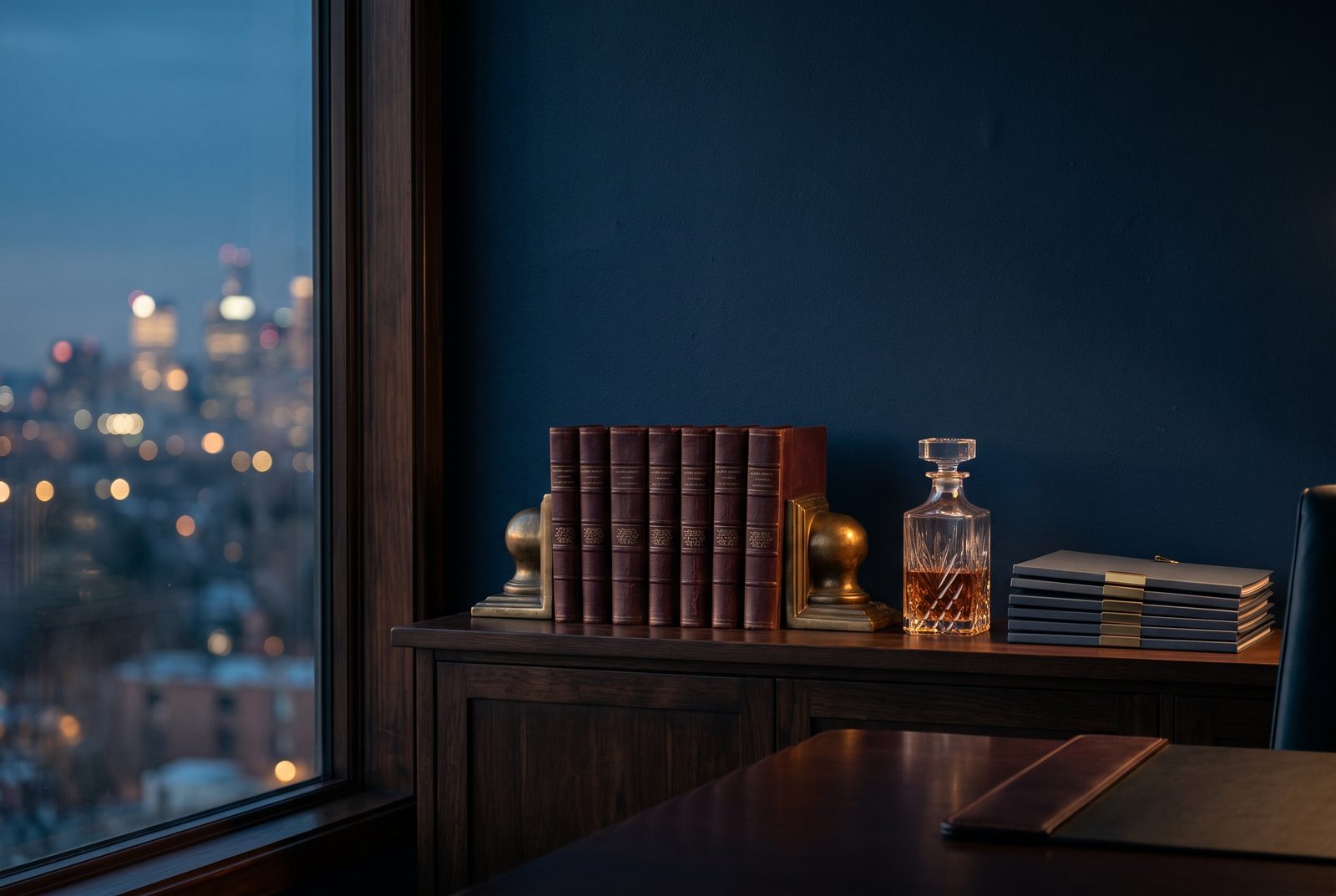 A boardroom sideboard at dusk with a row of leather minute books, a decanter, and stacked folders