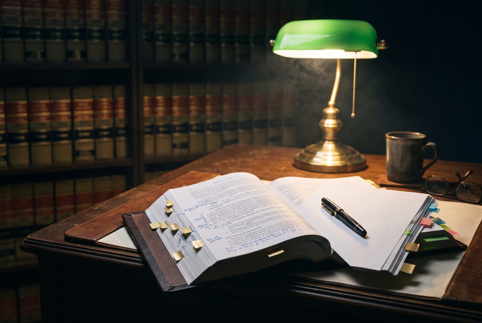 A drafting desk at night with a marked-up brief, gold tab flags, and a banker's lamp