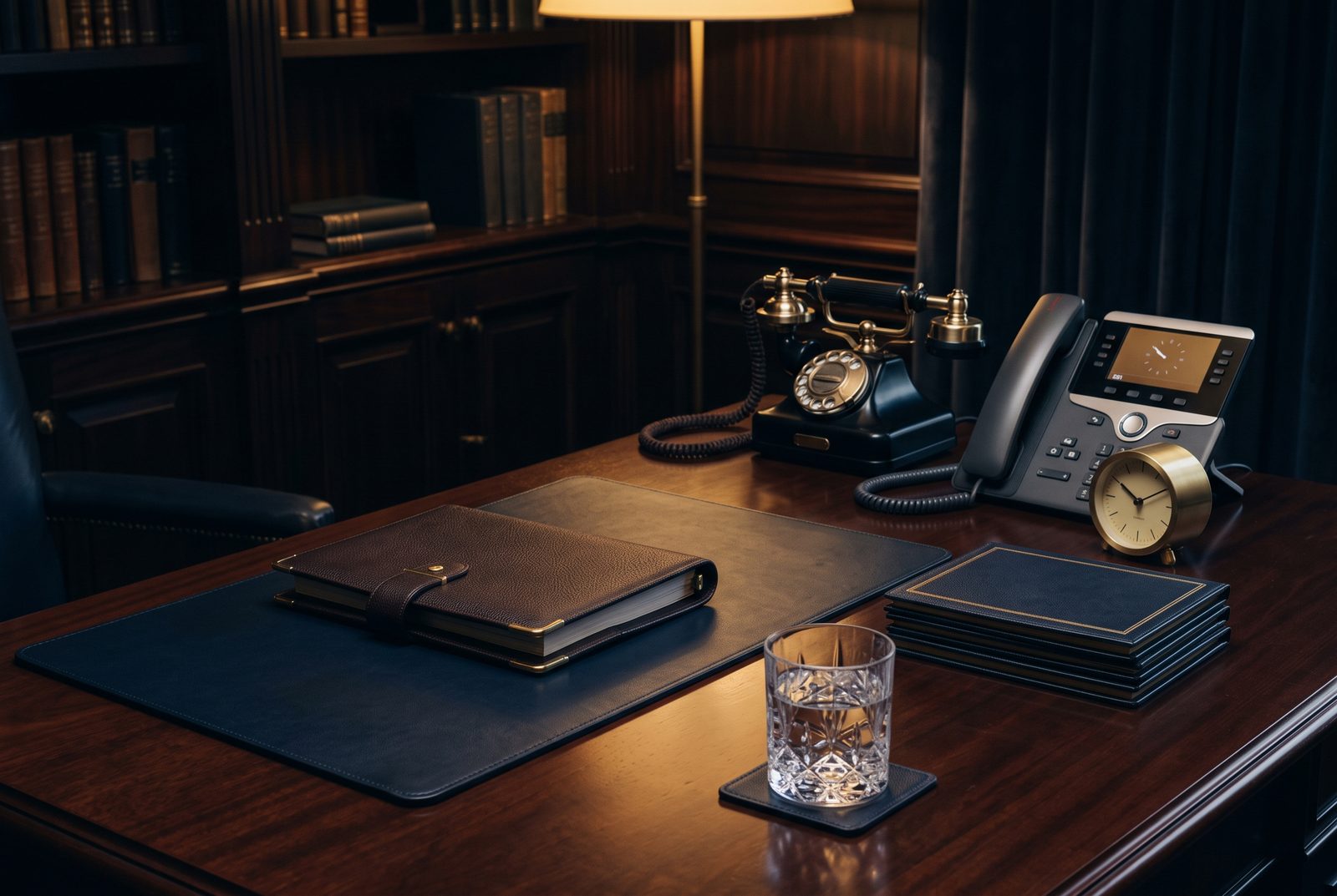 An immaculate executive desk with two telephones, a leather planner, and a brass clock