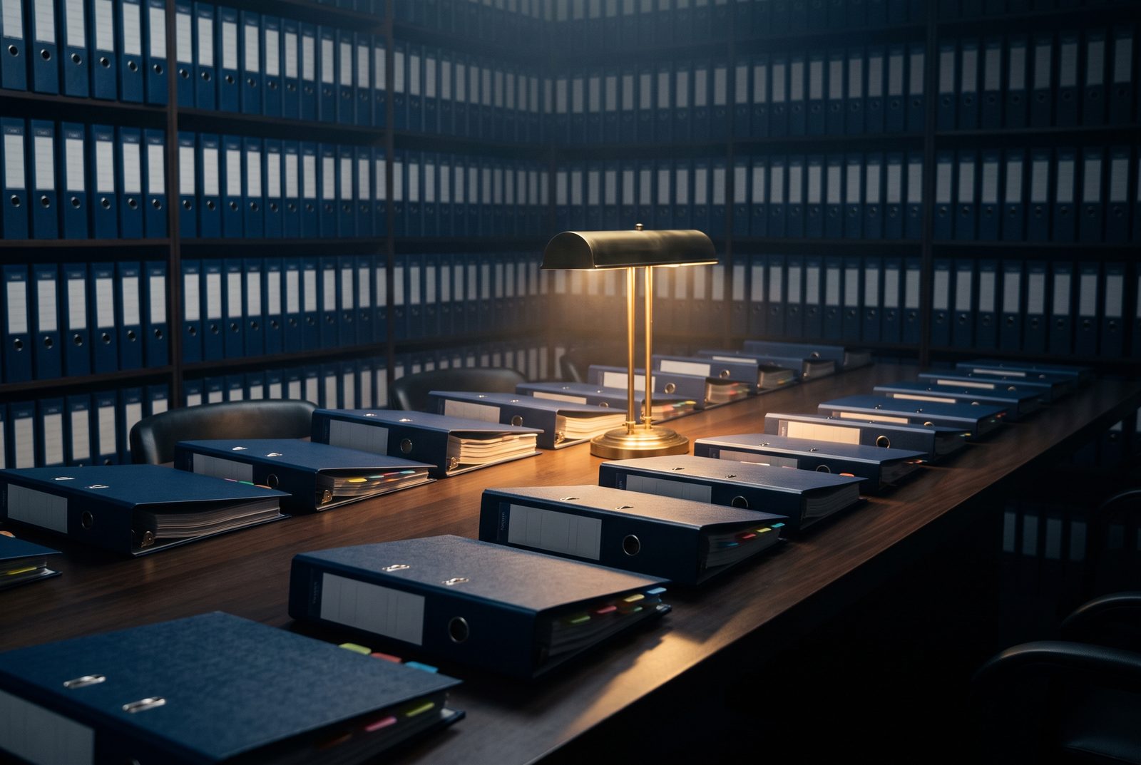 A litigation war room — ordered rows of tabbed binders on a long table beneath a brass lamp