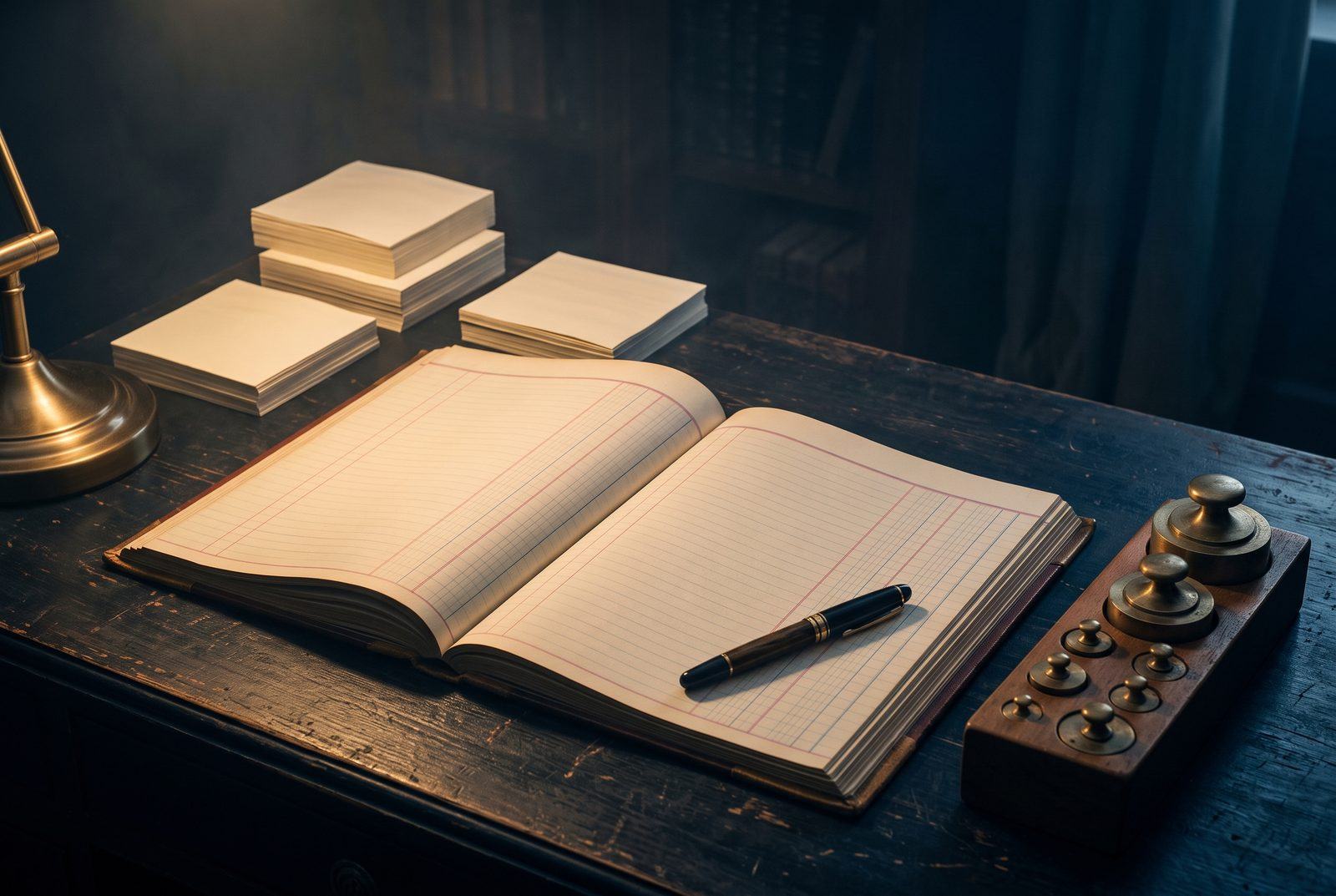 An open ledger with blank ruled columns beside brass balance weights and squared stacks of statements