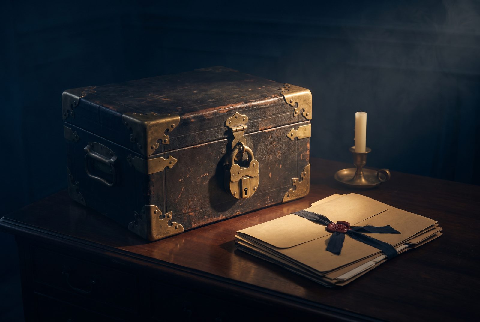 A locked antique strongbox beside ribbon-bound folders in a pool of lamplight
