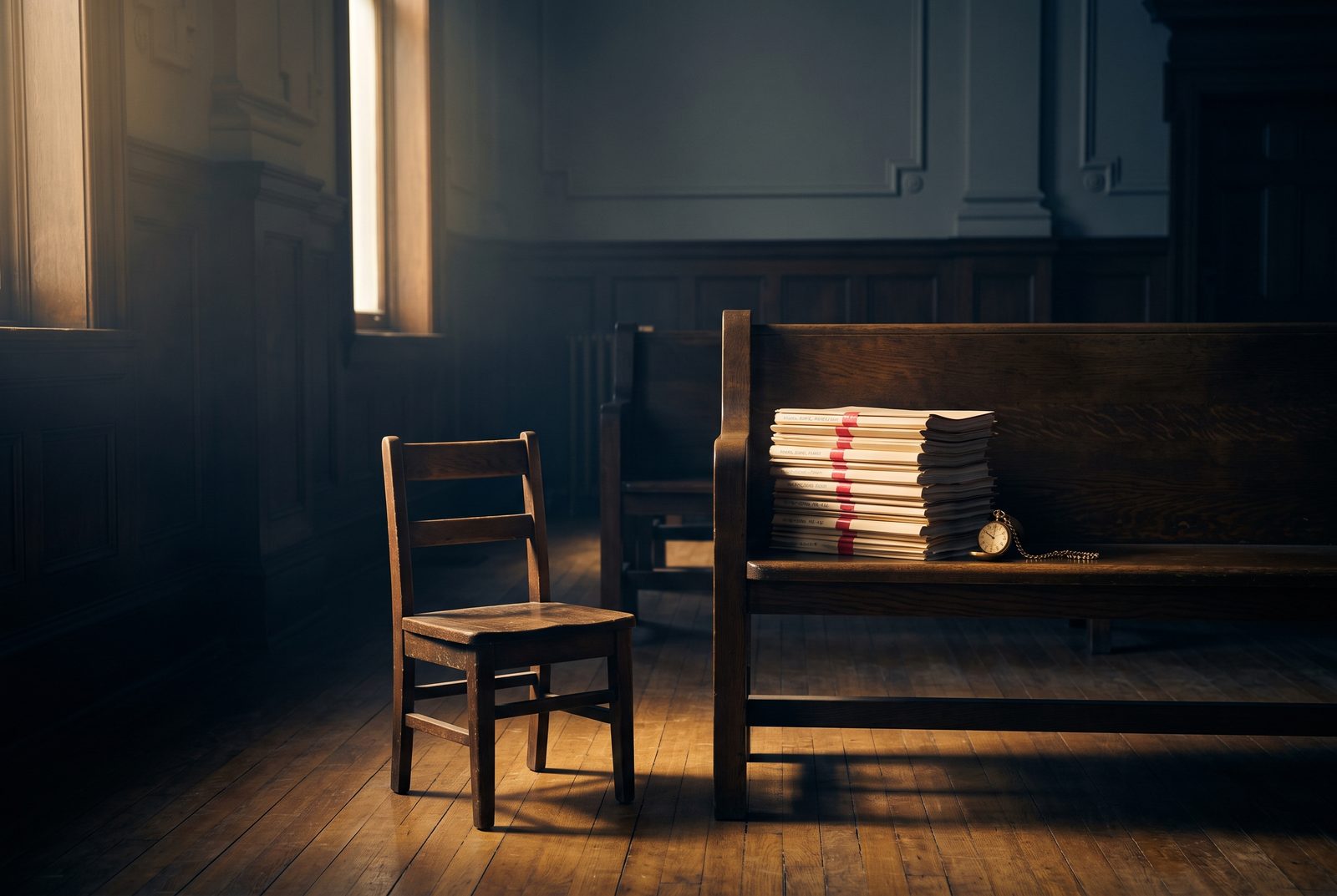 A small empty chair in a shaft of window light beside a bench holding a neat stack of case files