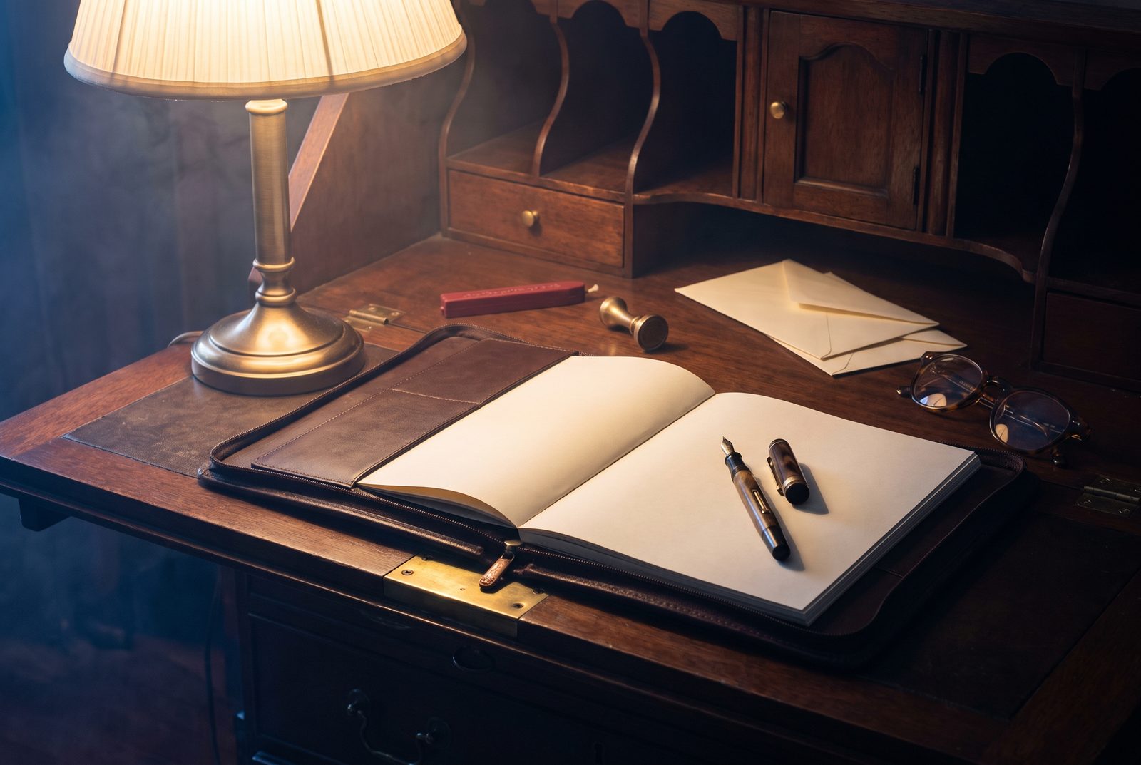An open leather portfolio with blank pages, a fountain pen, and a brass seal in warm lamplight