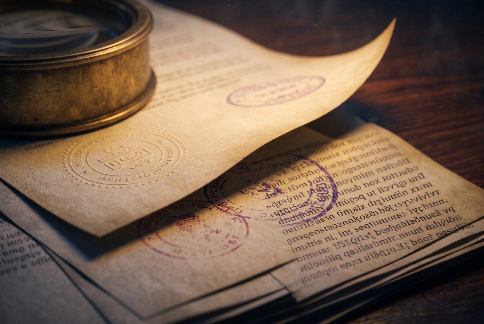 A brass magnifying loupe resting on recorded property documents in warm lamplight