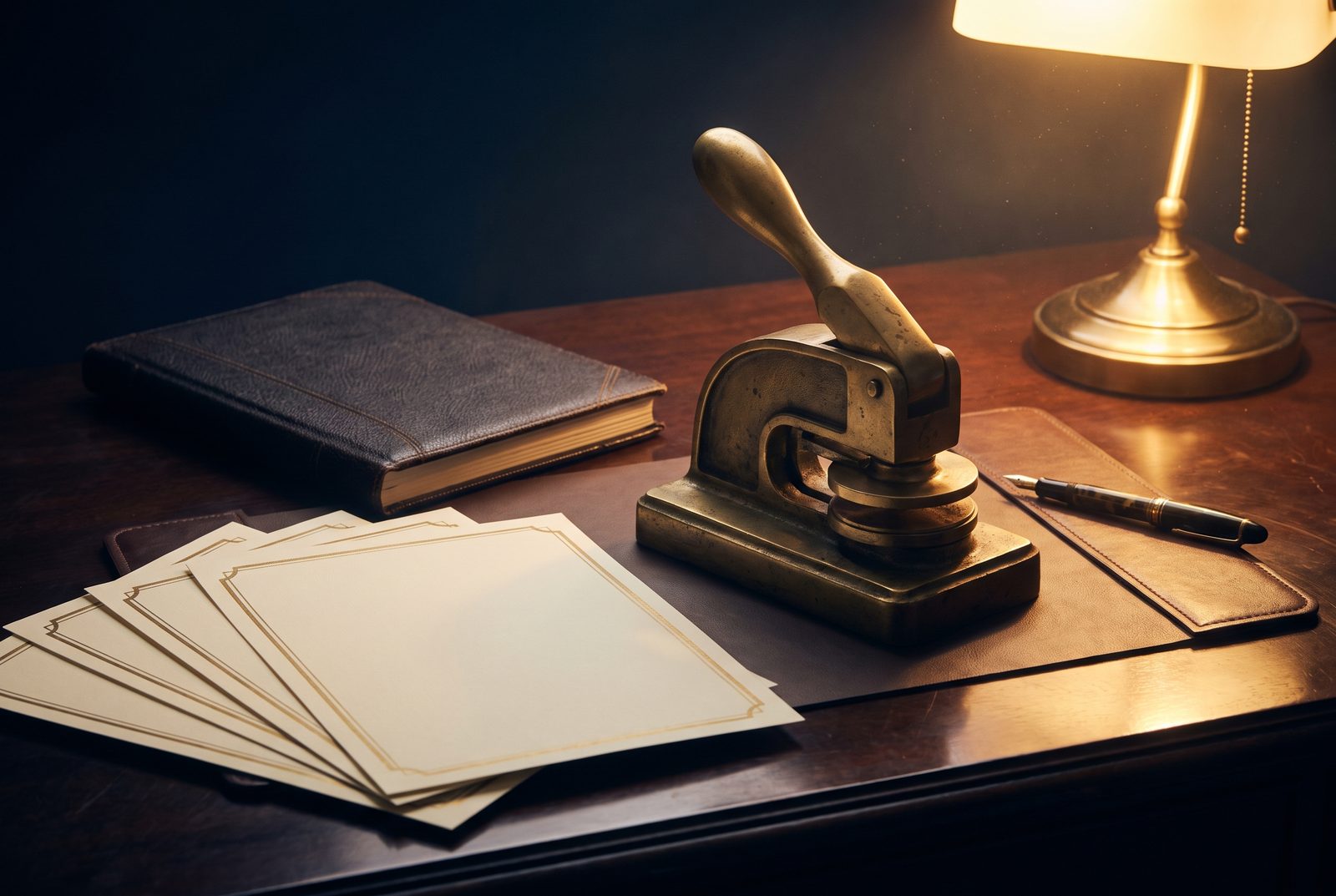 A brass corporate seal press beside a new leather minute book and blank gold-bordered certificates