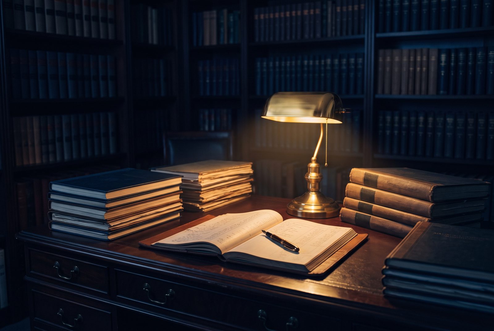 A brass lamp over stacked financial ledgers in a darkened private study