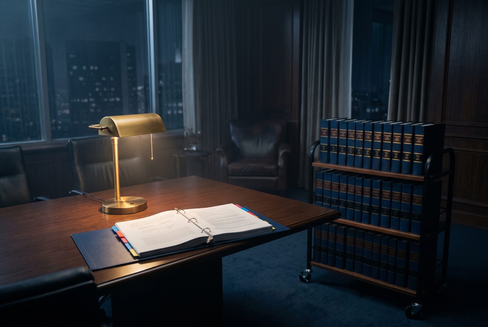 A trial cart of matched binders beside a counsel table with an open exhibit binder under lamplight