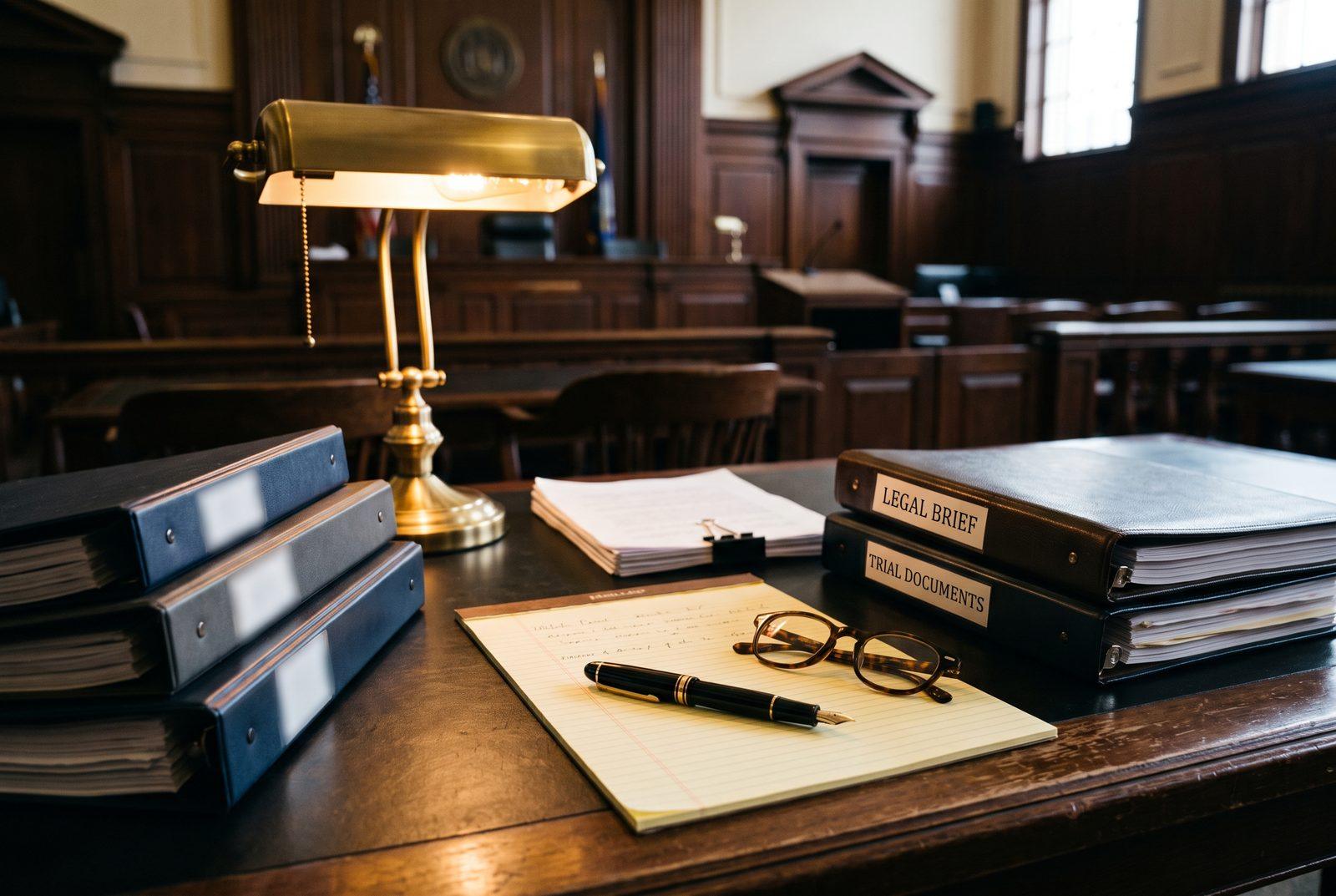 Organized litigation counsel table with briefs and exhibit binders