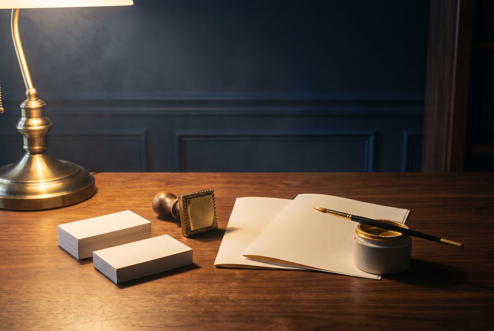 A desk arranged with blank business cards, a brass letterpress stamp, and folded page proofs in warm lamplight