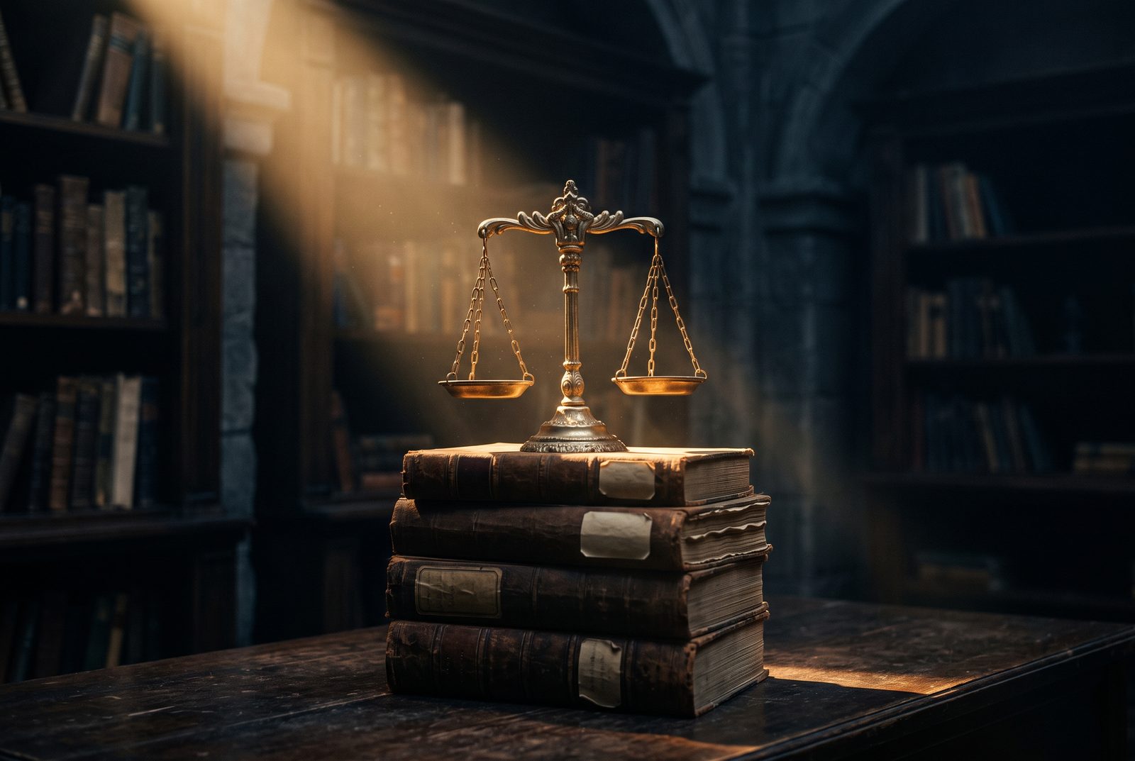 Scales of justice in a shaft of light above a stack of bound case files