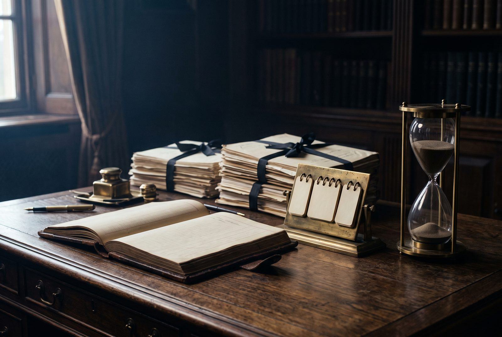An open estate ledger beside a brass desk calendar and an hourglass in warm lamplight