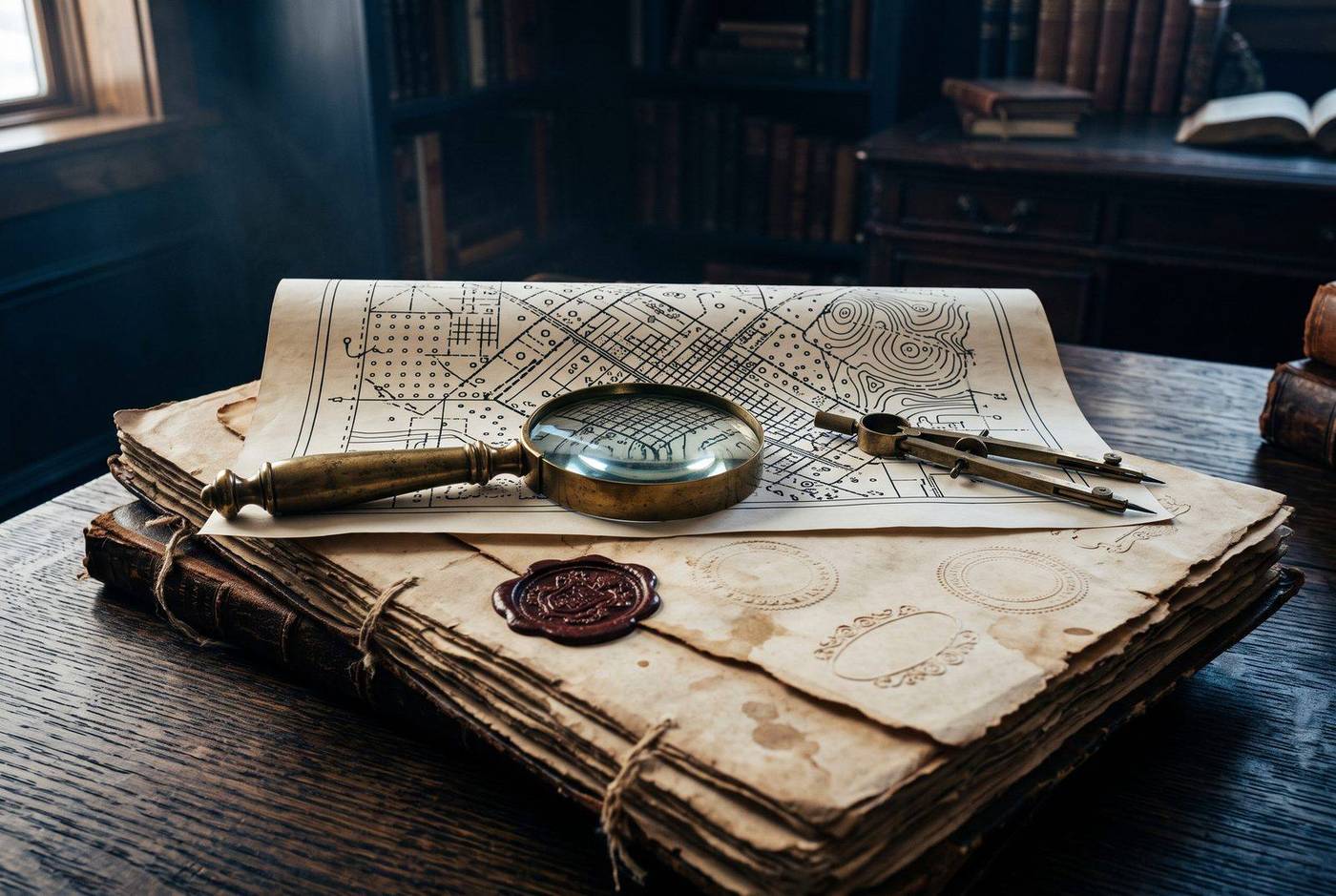 A brass magnifying glass over survey maps resting on a stack of sealed recorded deeds