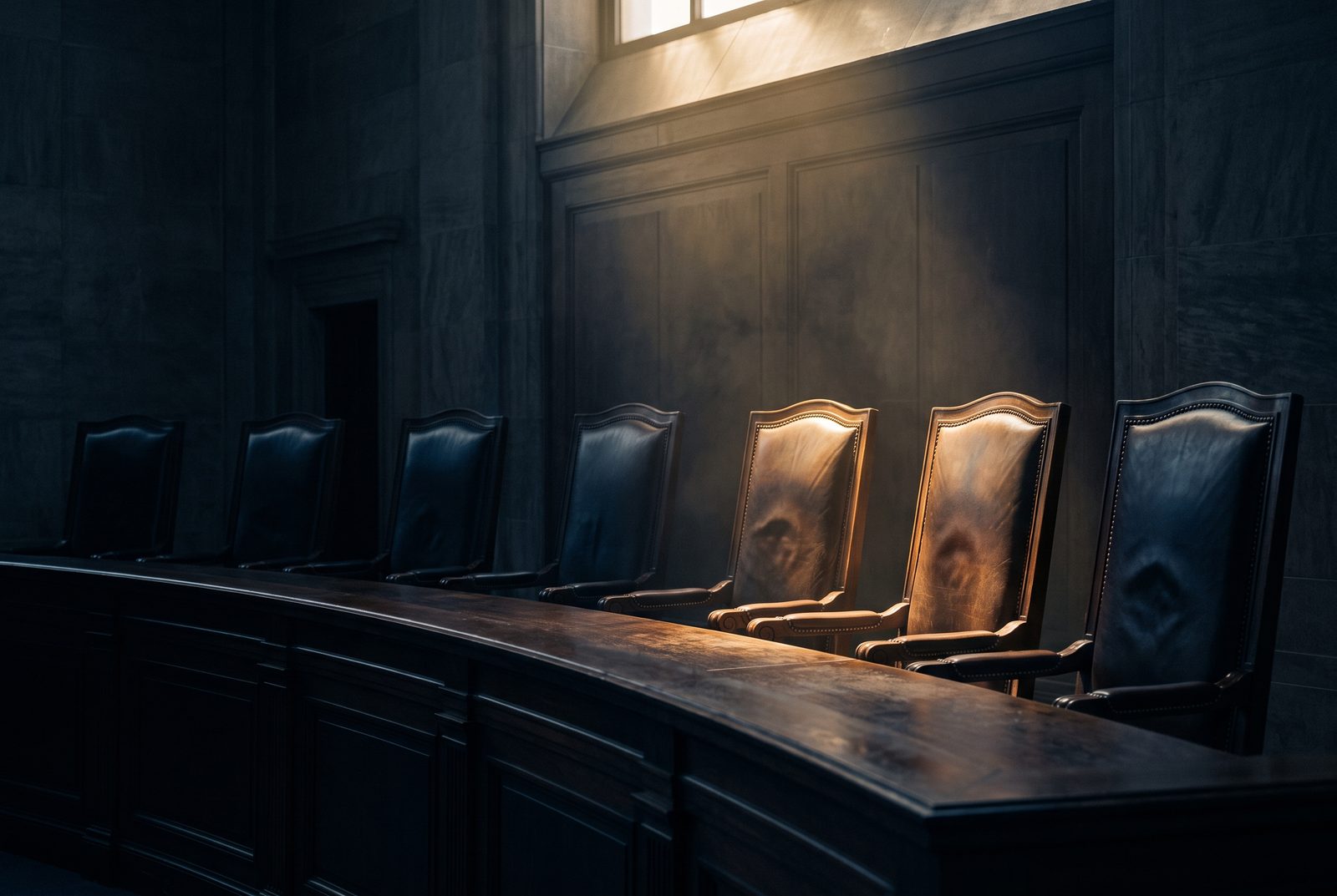 Seven high-backed chairs at a long bench, two subtly set apart in the light
