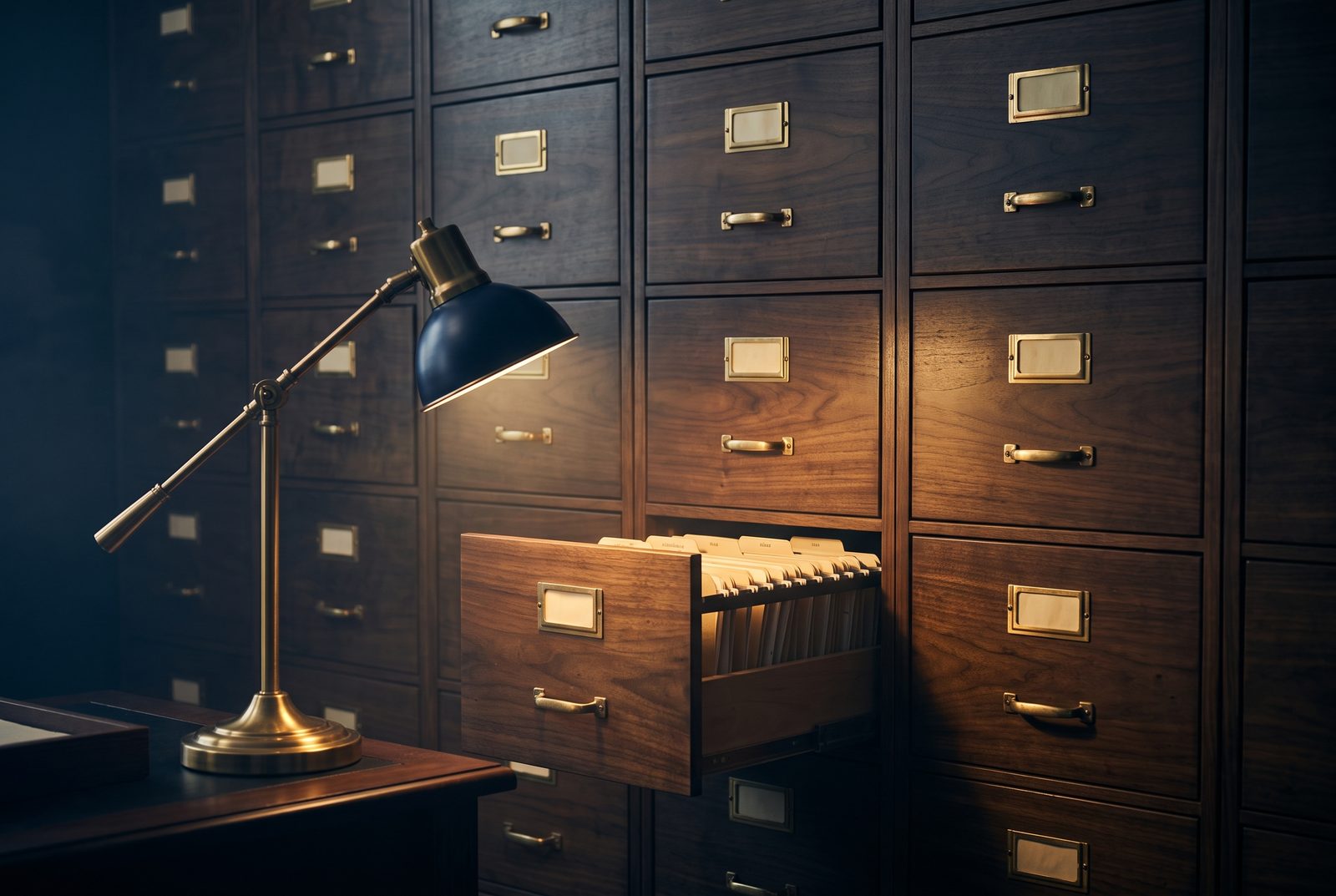 A wall of wooden filing drawers with blank brass label frames, one drawer open to ordered files