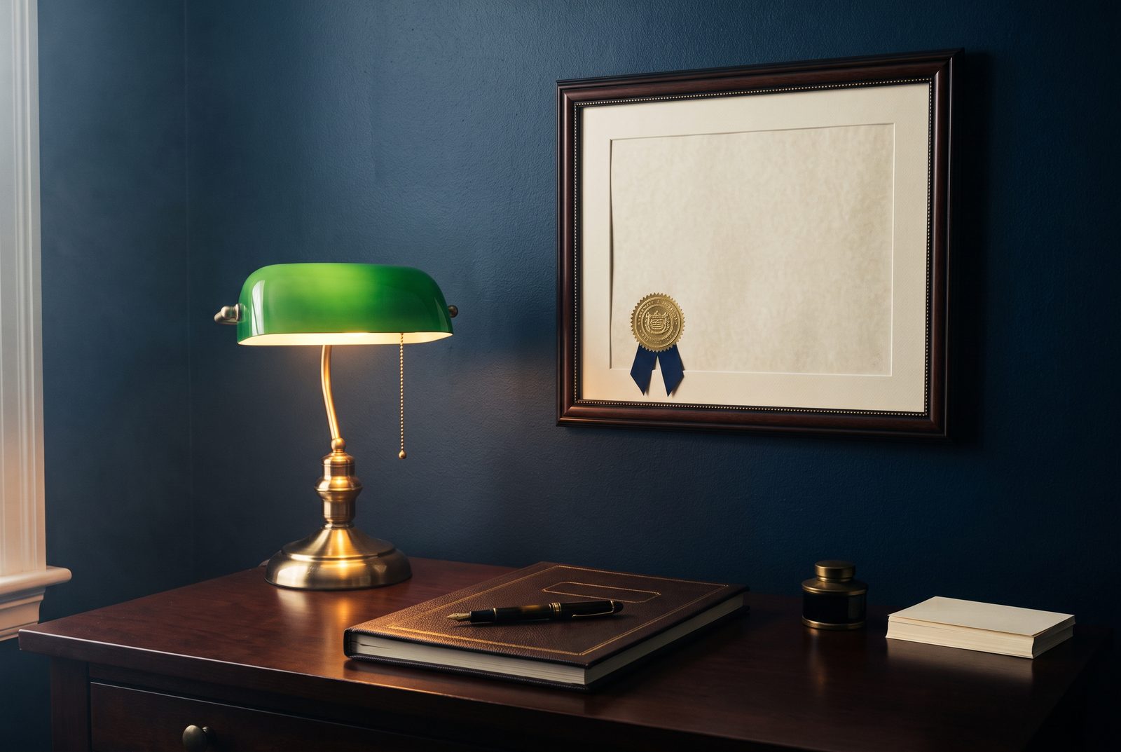 A blank framed certificate above a desk with a green banker's lamp and a closed leather ledger