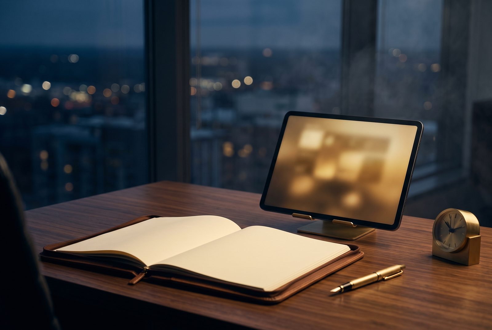 An open leather portfolio and a tablet with a softly blurred dashboard on a walnut desk at dusk