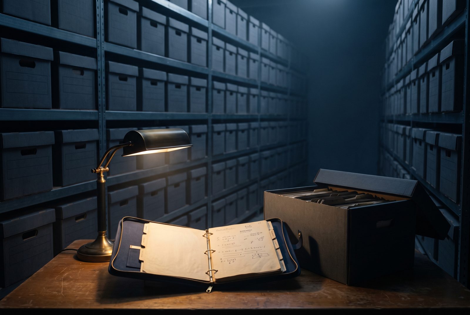 A dim archive of document boxes with one illuminated open binder in lamplight