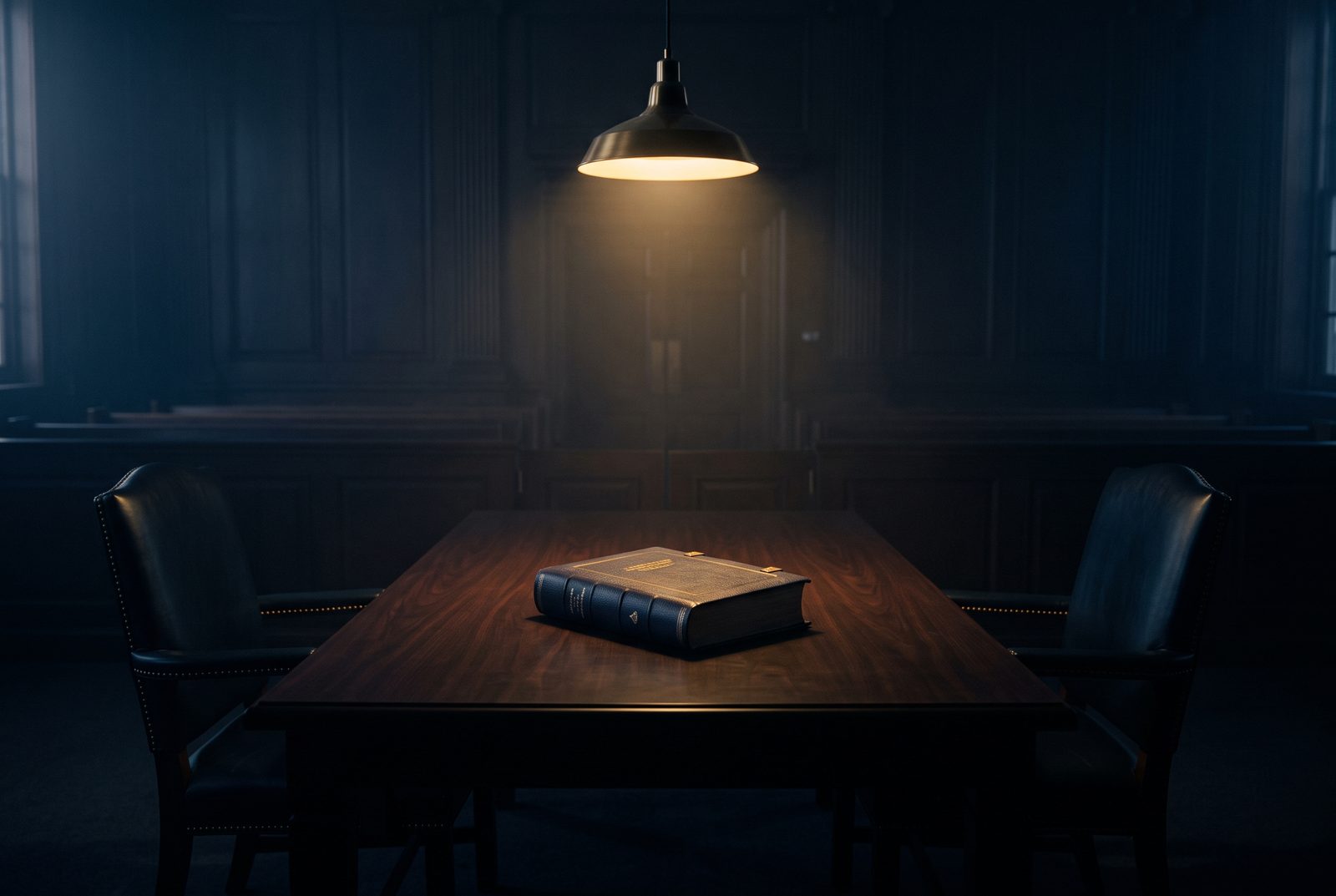 A lone counsel table under a single light, a bound petition resting at its center